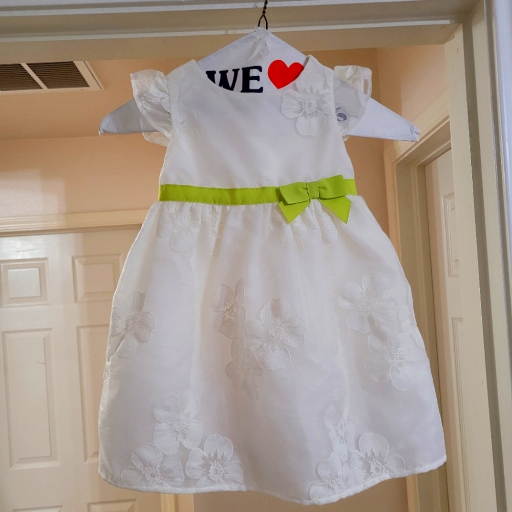 White Gymboree dress w/ green belt. Size 18-24 months